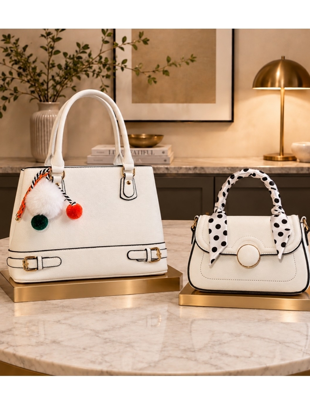 Brand New - White Structured Satchel Set with Pom Charm - Large & Small Bags